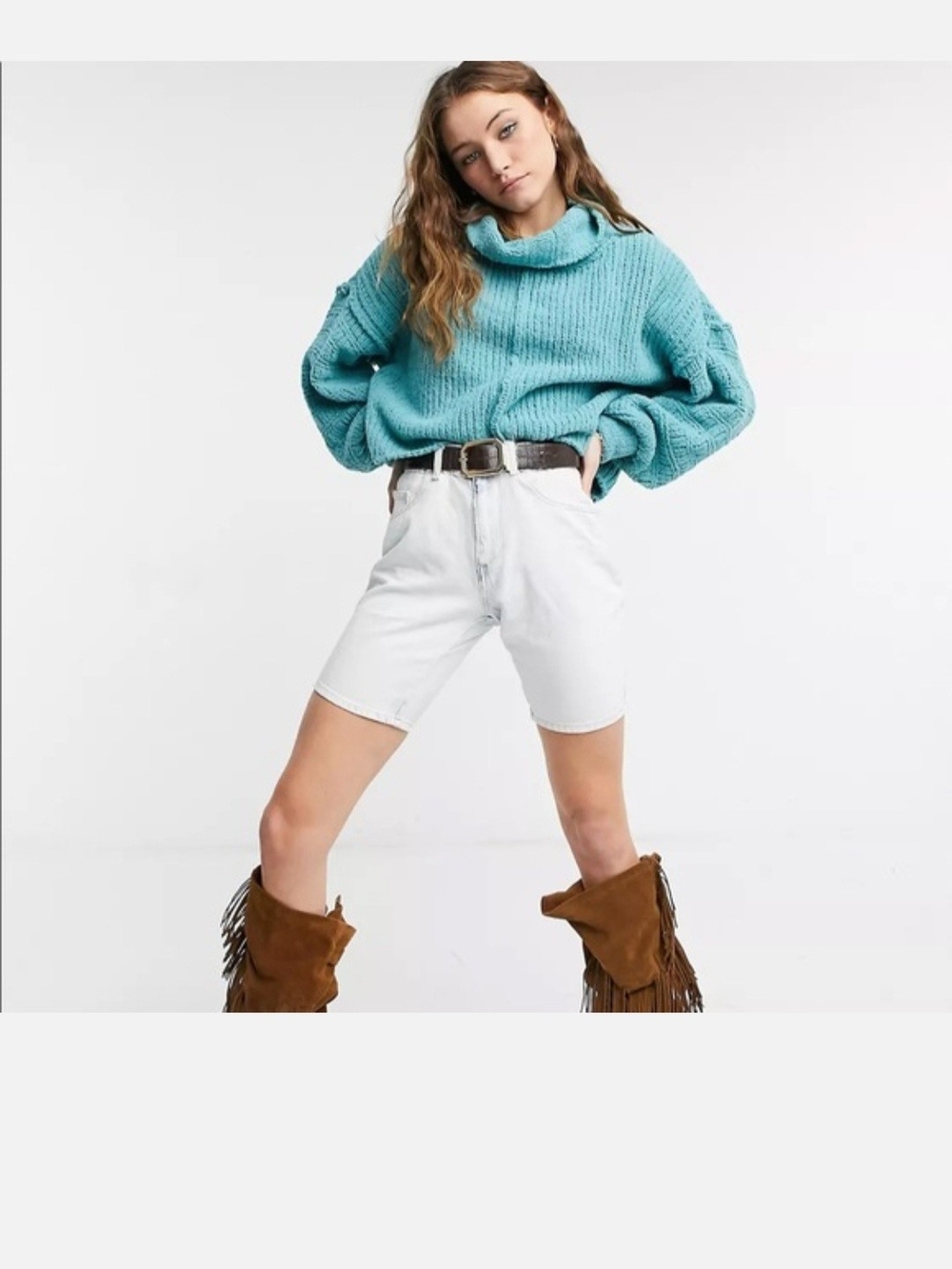 Free People Be Yours Funnel Neck Chunky Turquoise Teal Oversized Cowl Sweater